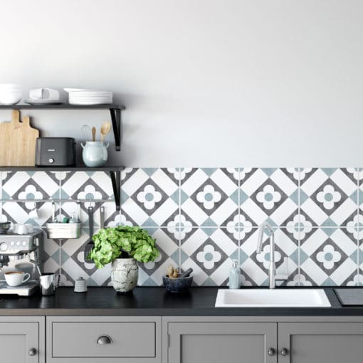 Kitchen Backsplash Decor - Tiles Grey Floral Pattern - Moonwallstickers.com